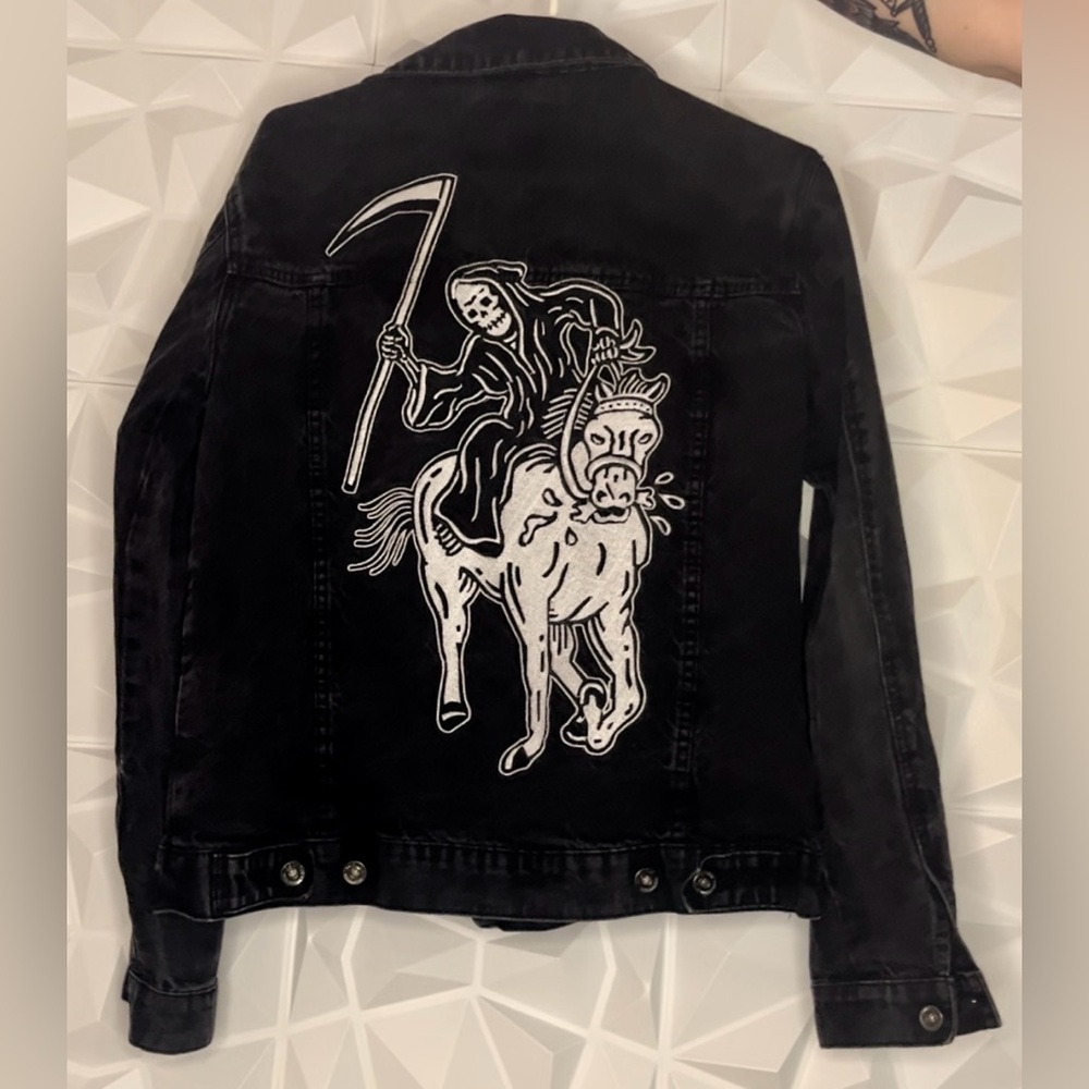 Lurking Class Black Denim Jacket with White Embroidery